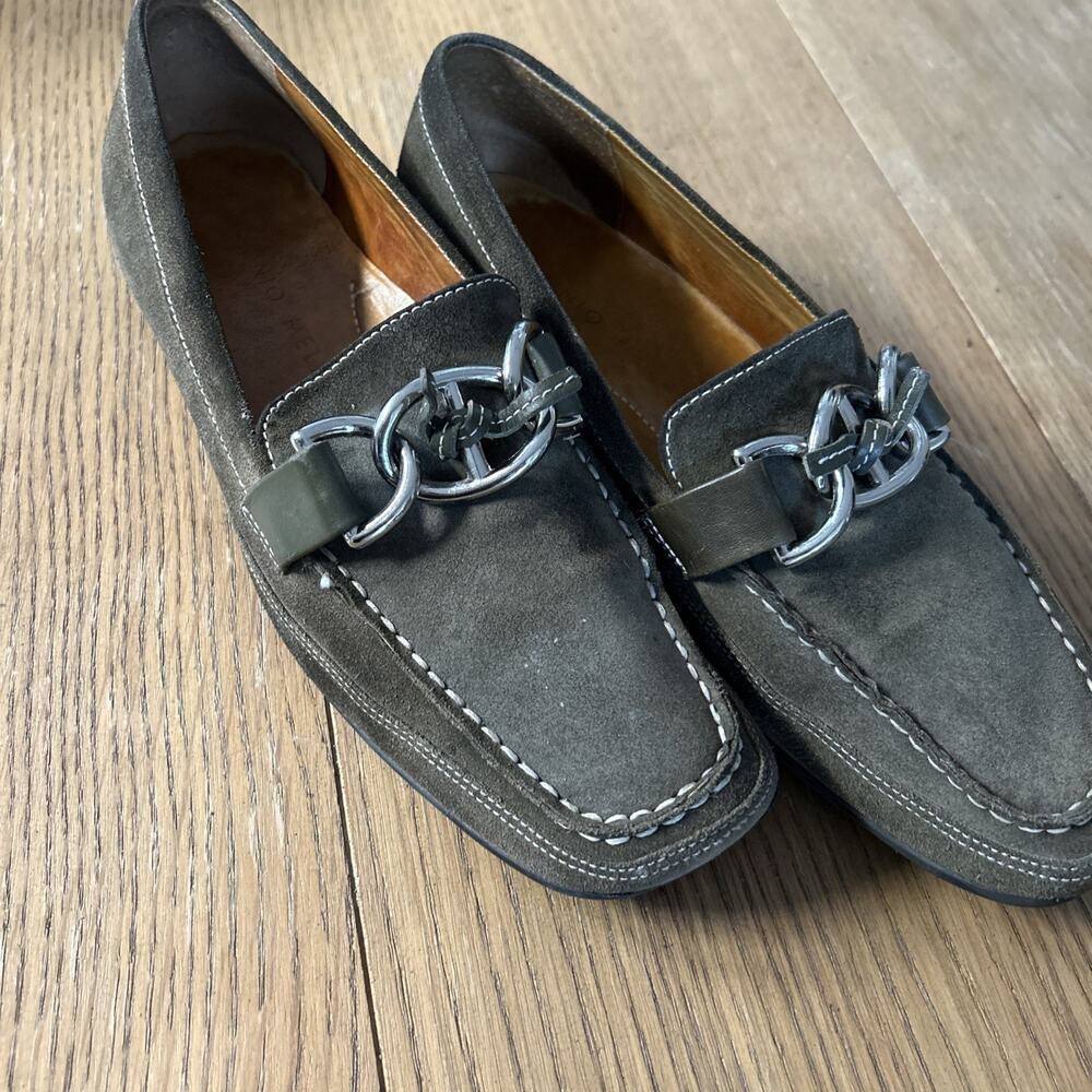 Antonio‎ Melani Womens 8.5 Olive Green Suede Loafers Buckles Slip On Flats EUC